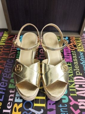 Michael Kors Metallic Gold Platform Wedge Sandals with Ankle Strap